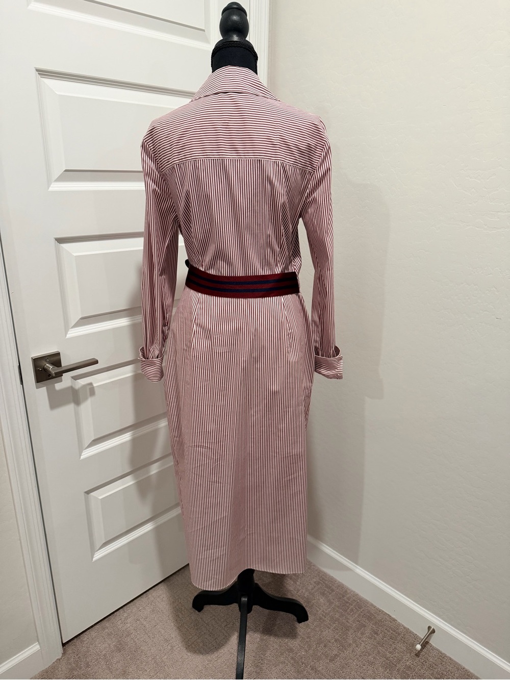 Veronica Beard Burgundy Stripe Side-Buckle Ruched Wrap Midi Shirt Dress Size 12 - Picture 3 of 6